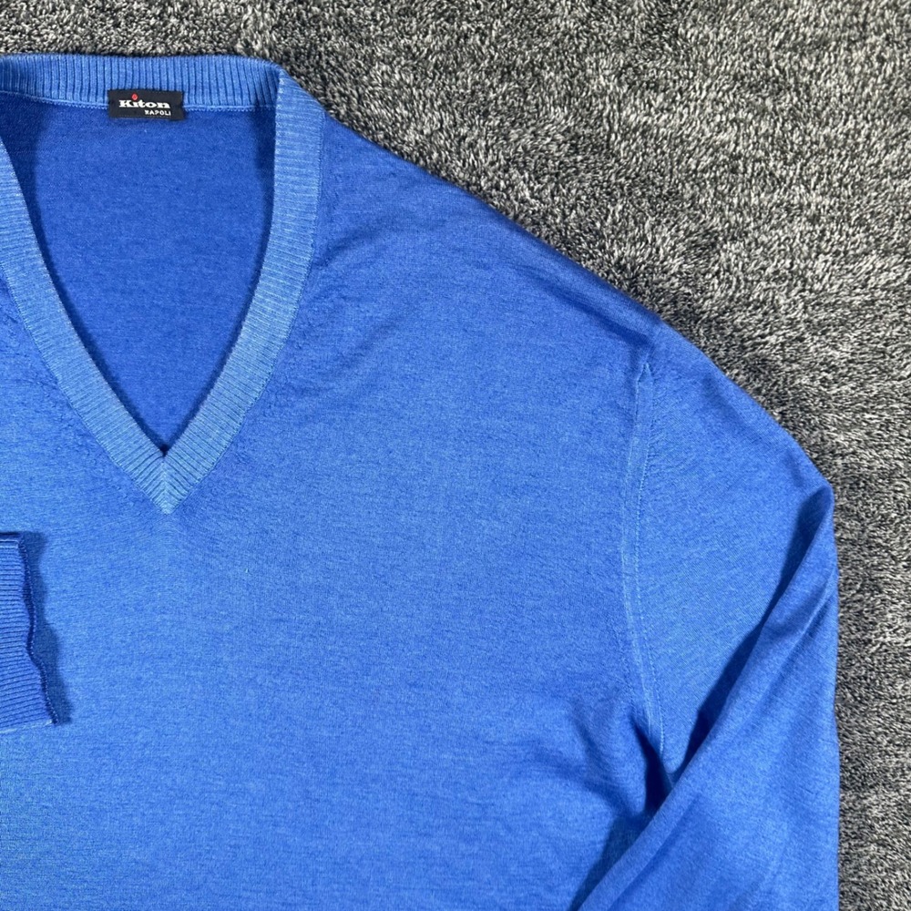 Kiton Cashmere Silk Sweater Mens XL 54 V-Neck Blue Pullover Made in Italy Luxury - Picture 9 of 13